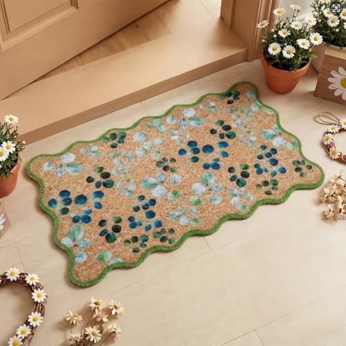 Dunzy Eucalyptus Leaves Doormat Green Scalloped Welcome Mat for Front Door - style: Eucalyptus Leaves