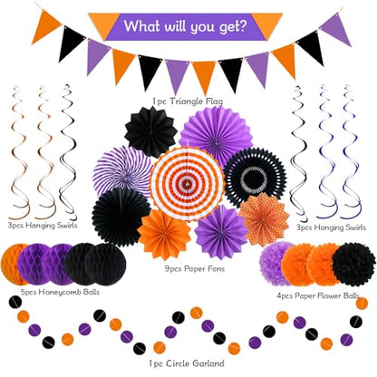 26 Pcs Halloween Party Decorations Kit, Paper Fans Pom Poms Banner 8-16 in - color: Purple