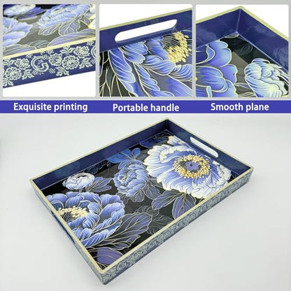 Serving Tray with Handles, 15.7 * 11.8 inches, Plastic Ottoman Tray with Exquisite Paintings, Trays for Coffee Table - color: Blue Peony