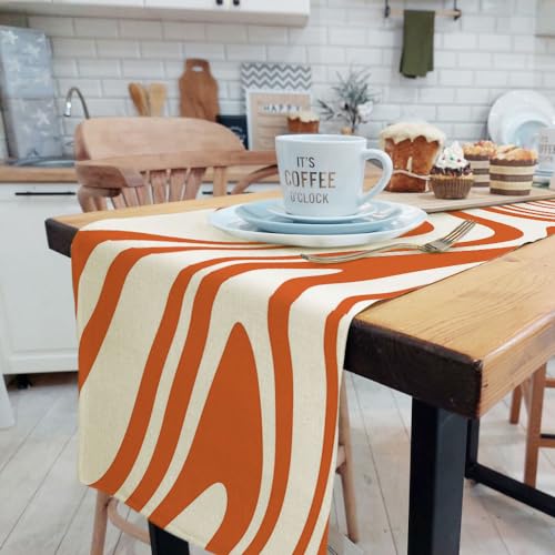 Sage Orange Table Runner, Retro Boho Aesthetic 70S Abstract Wavy Swirl Decor Holiday Kitchen Dining Table Decoration for Indoor Outdoor Home Party Decor 13 x 72 Inch
