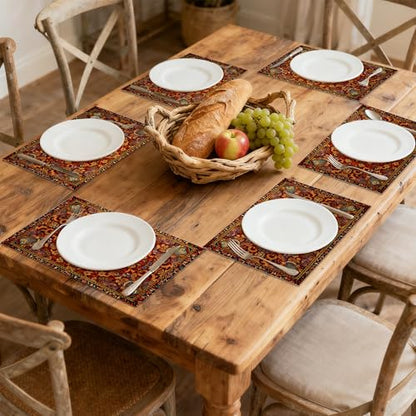 Linen Placemats Set of 6, Fall Boho Carpet Orange Brown Washable Table Mats 12x18 Inch, Heat Resistant Non Slip Placemats for Dining Table Kitchen Everyday Use - color: Fall Boho Carpet Orange Brown