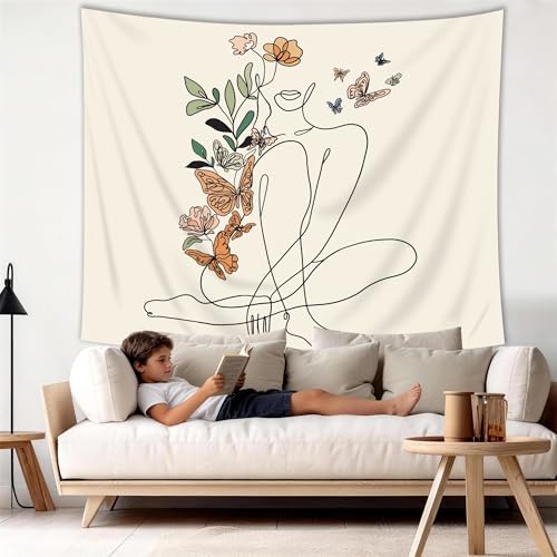 Abstract Woman Tapestry Butterfly Mid Century Modern Flower Wall Hanging - color: Beige Woman Sitting, size: 51"L x 59"W