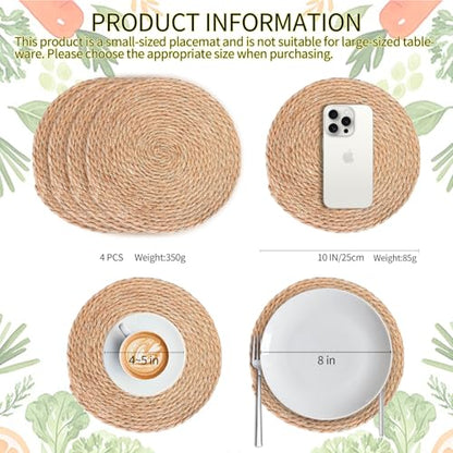 Small Woven Placemats Set of 4, 10 Inch Mini Rattan Placemats Coaster Wicker Place Mats,Natural Farmhouse Jute Braided Table Runner for Small Tableware Please Choose Carefully (10 Inch) - size: 10 Inch 4PCS