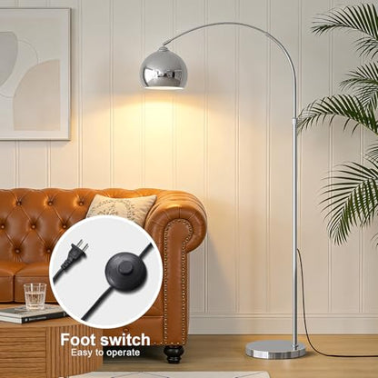 Glossy Chrome Silver Arc Floor Lamp with 12W LED Remote Dimming - color: Silver Remote Dimming