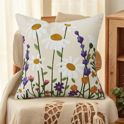 Floral Embroidered Pillow Covers 18x18 Inch Set of 1, White Daisy - color: Falling Petals