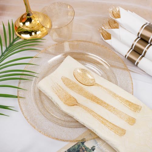 WELLIFE 210Pcs Gold Glitter Dinnerware Set, Gold Glitter Disposable Dinnerware for 30 Guests, Include: 30Dinner Plates, 30Dessert Plates, 90Gold Glitter Silverware, 30 Cups, 30 Paper Napkins - color: Gold Glitter, style: 210PCS（30 Guests）