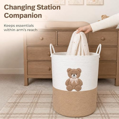 Teddy Bear Baby Laundry Basket, Tall Woven Rope Nursery Hamper, 20x15 in - color: Neutral Teddy