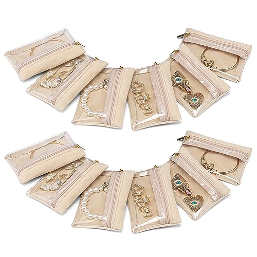 VLANDO Travel Jewelry Pouch, 12pcs Clear Velvet Zipper Bag - color: A.12 PCS