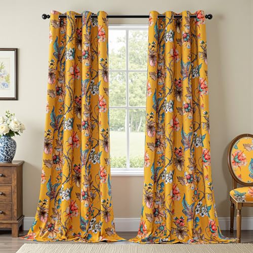 MYSKY HOME Yellow Floral 95% Blackout Curtains 84 Inches Long for Living Room Bedroom Thermal Insulated Light Blocking Noise Reducing Flower Printed Vintage Window Treatments Grommet, 2 Pcs, 52" Wide - color: Yellow, size: 52"W x 84"L (Pack of 2)