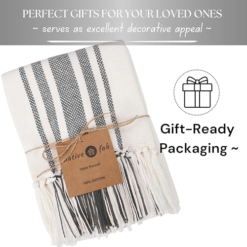 Native Fab Gray Table Runner 72 Inches Long - Boho Striped Table Cover with Fringes - 100% Cotton, Soft, Tight Weave, Non Slip Tablerunner for Dining, Dresser, Wedding - Grey and White (14x72 inches) - color: Gray White, size: 14x72