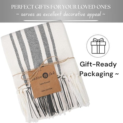 Native Fab Gray Table Runner 90 Inches Long - Boho Striped Table Cover with Fringes - 100% Cotton, Soft, Tight Weave, Non Slip Tablerunner for Dining, Dresser, Wedding - Grey and White (14x90 inches) - color: Gray White, size: 14x90