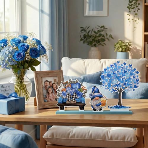 Smile Father's Day Wooden Table Decor Blue Heart Tree Beer Truck Gnome with Beer Desktop Decorations for Home Office Shelf Gift for Dad Husband Grandpa - style: Tree Dad