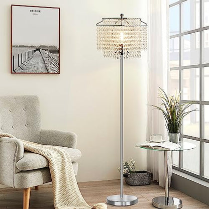 Luvkczc Crystal Floor Lamp, 64" Tall Modern Standing Lamps with Double-Layer Lampshade, On-Off Foot Switch, Silver Finish Pole Lamp for Living Room, Bedroom, Office, 8W Bulb Included - color: Silver