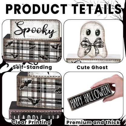 4Pcs Halloween Table Decoration Happy Halloween Ghost Wooden Block Sign - style: Ghost