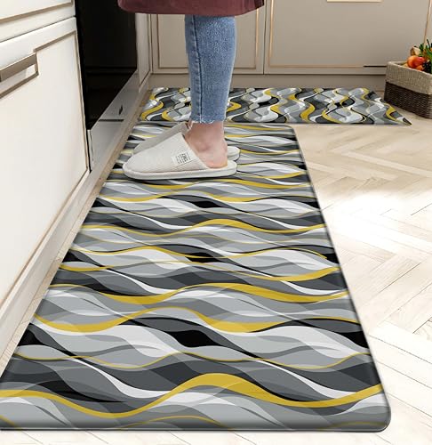 Kitchen Mats for Floor Modern Abstract kitchen rugs Grey and Yellow Stripe Anti Fatigue Kitchen Mats Waterproof Floor Mats Cushioned Non-Skid Standing Mats for Kitchen, Set of 2,17.3 x 28+17.3 x 47 - color: Grey and Yellow