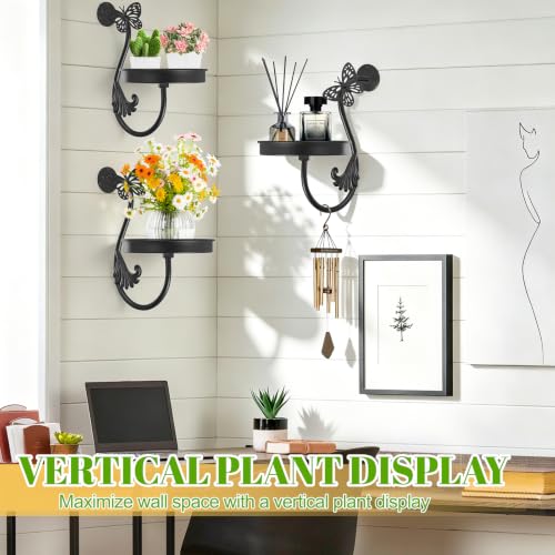 Metal Wall Plant Holder 3Pcs Indoor Outdoor Wall Flower Shelf - color: Black-Butterfly-3Pcs