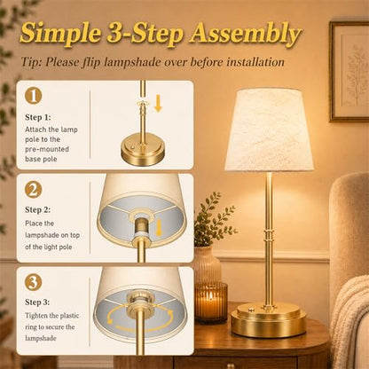 Rechargeable Cordless Table Lamp, Battery Operated Bedside Lamp, Gold