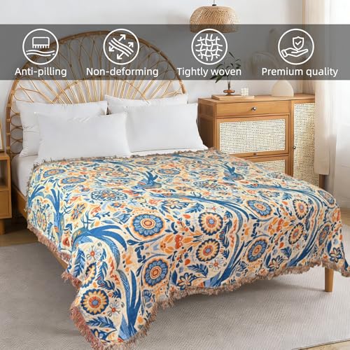Boho Throw Blanket for Couch Bed, 100% Cotton Soft Rustic Quilt with Tassel 80''x 90'', Super Soft Bohemian Decor Reversible Sofa Bed Chair Blanket Cover for All Seasons(Floral Bird)