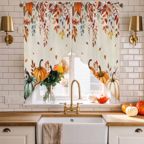 Thanksgiving Fall Swag Valances Kitchen Curtains 36 Inches Length,Vintage Orange Blue White Pumpkin Tier Drapes Swag Topper,Eucalyptus Maple Leaves Short Curtains for Small Windows 2 Panels 28"x36" - color: Orange Green Beige, size: 28"W x 36"L (Pack of 2