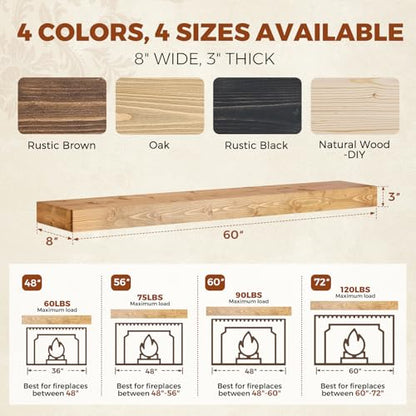 60x8x3in Rustic Fireplace Mantel Pine Wood, Natural Wood - color: Natural Wood, size: 60x3x8-hollow