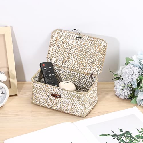 Handwoven Seagrass Basket Small Wicker Basket with Lid,7x4.3x 3.3" - color: Whitewash color, size: 7.0"L x 4.3"W x 3.3"H
