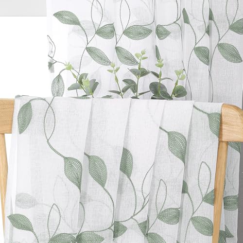 Tollpiz Sage Green Leaf Sheer Tier Curtain Kitchen 30 x 36 Inches - color: Sage Green, size: 30"W x 36"L (Pack of 2)