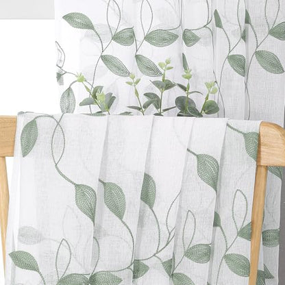 Tollpiz Sage Green Leaf Sheer Tier Curtain Kitchen 30 x 36 Inches - color: Sage Green, size: 30"W x 36"L (Pack of 2)
