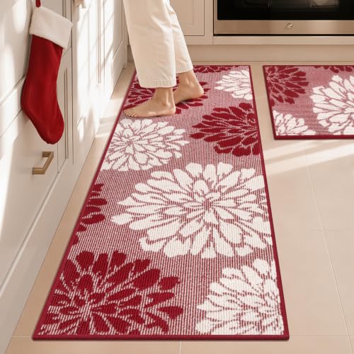 Findosom Christmas Kitchen Rugs Sets of 2, Floral Washable Kitchen Runner - color: Red, size: 24" x 36" + 24" x 71"