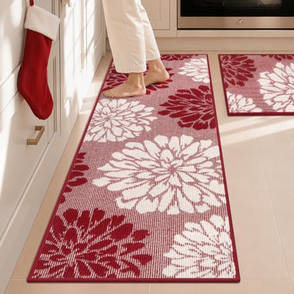 Findosom Christmas Kitchen Rugs Sets of 2, Floral Washable Kitchen Runner - color: Red, size: 24" x 36" + 24" x 71"
