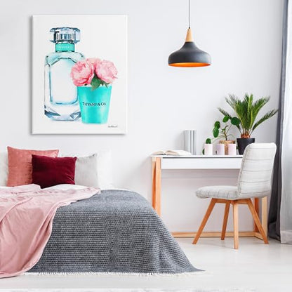 Teal Perfume Bottle Peonies Glam, 36 x 48 Inch Canvas Wall Art - color: Teal, size: 48"L x 36"W