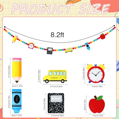 Jansun 8.2 Ft 3D Back to School School Bus Apples Alarm Clock Garland - color: Red Yellow Blue Black Green Orange