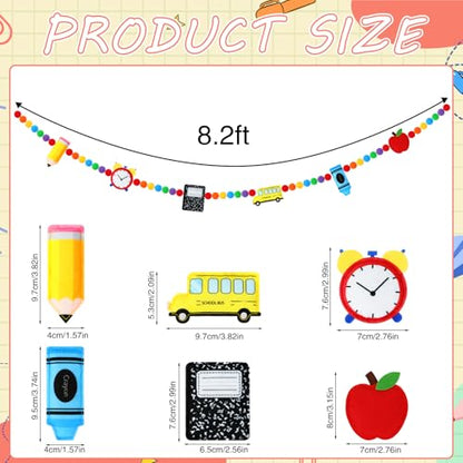 Jansun 8.2 Ft 3D Back to School School Bus Apples Alarm Clock Garland - color: Red Yellow Blue Black Green Orange