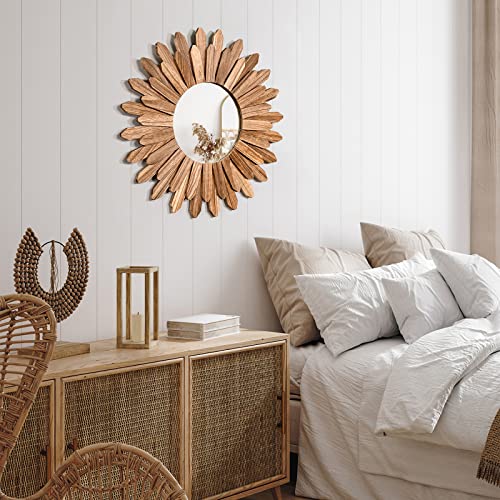 Emfogo Wall Mirror 21 inch Rustic Wood Sunburst Boho Mirror Wall Decor Home Decor for Bedroom Living Room Entryway Farmhouse (Carbonized Black) - color: Carbonized Black, size: 21"L x 21"W