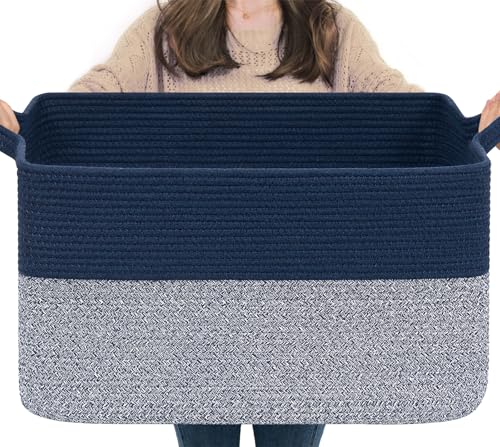 Goodpick 75L Extra Large Woven Blanket Basket, 22" x 17" x 12", Blue - color: Blue, size: 22"L x 17"W x 12"H