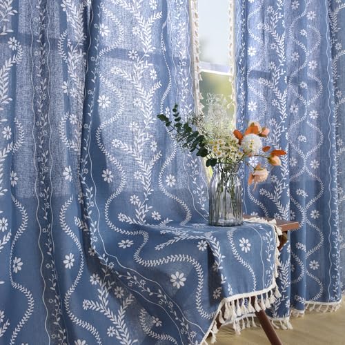 Schweek Blue Floral Curtains 63 Inches 2 Panels Length for Living Room | Linen Semi Sheer, Boho Farmhouse Curtain, Vintage Printed Light Filtering Rustic Drapes for Bedroom, Kitchen 52"x 63" - color: Denim, size: 52"W x 63"L (Pack of 2)