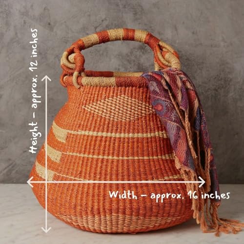 Large Orange Bolga Basket, Decorative Wicker Bolga Basket, African Woven Pot Basket, 16" Wide - size: Orange Geometric