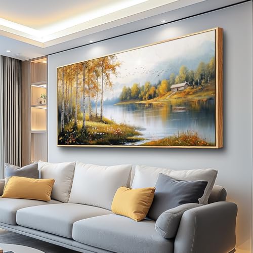 ERQINHUA Large Canvas Wood Framed Wall Art Living Room Wall Decor For Bedroom Forest Landscape Painting Lakeside Watercolour Wall Pictures Artwork Picture Office Farmhouse Home Decorations 24x48 In - color: Lakeside Landscape Wood Framed, size: 48"L x 24"