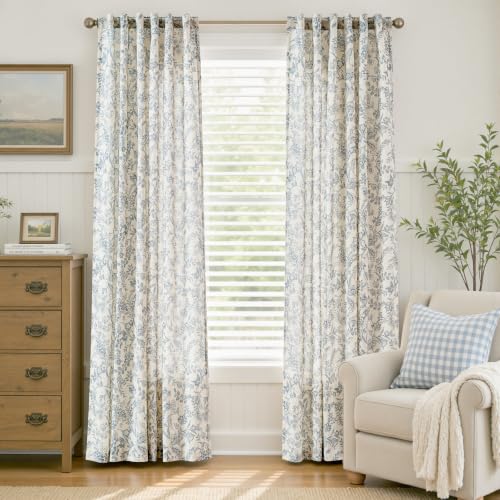 Lazzzy Blue Floral Linen Curtains Farmhouse Rod Pocket 50W X 90L 2 Panels - color: Blue on Beige, size: 50"W x 90"L (Pack of 2)