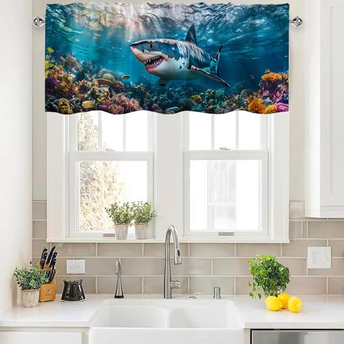 Shark Valance Curtains,Rod Pocket Valances for Windows,Small Window Treatment Valances for Kitchen,Living Room,Bedroom,Bathroom,Home Decor,18x54 Inch,1 Panel,Fish Coastal Underwater - color: Shark01, size: 54"W x 18"L (Pack of 1)