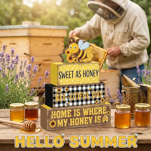 Britimes Bumble Bee Tiered Tray Decor Set, 4 Pack, Wooden Table Sign - style: Bee
