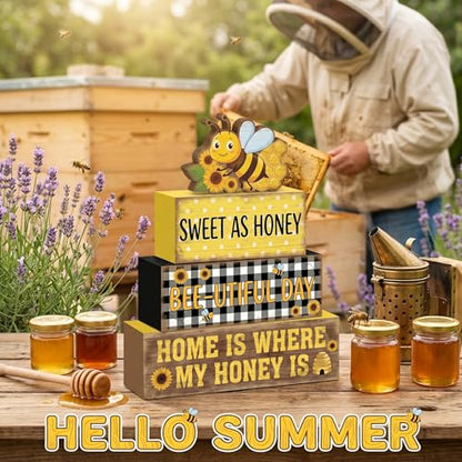 Britimes Bumble Bee Tiered Tray Decor Set, 4 Pack, Wooden Table Sign - style: Bee