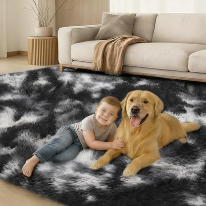 Black White Fluffy Shag Area Rug, Non-Slip Soft Carpet for Home - color: Black White Grey, size: 5' x 7' (Rectangular)