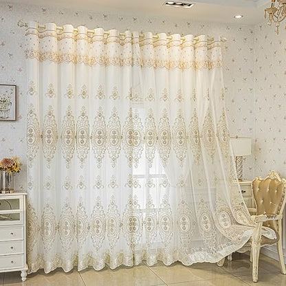 Amidoudou 1 Pair European Double Layer Curtains with Valances for Living Room Bedroom Luxury 3D Flower Embroidered Semi-Blackout Curtains (White,51x90 Inch) - size: 51"W x 90"L (Pack of 2)