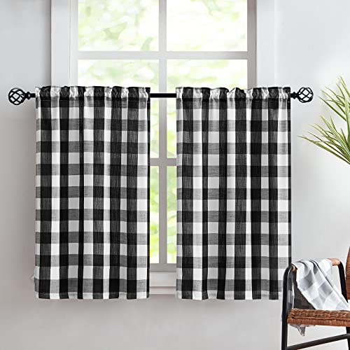 White Black Check Kitchen Curtains 27x36 Buffalo Plaid Tiers Bathroom 15" - color: Black and White, size: 24"W x 36"L (Pack of 2)