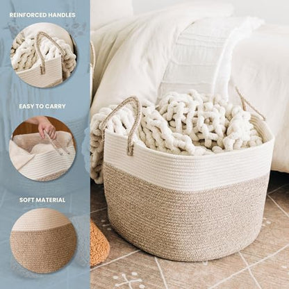 OrganiHaus Round Toy Basket & Blanket Basket, Cotton Rope 20x13" - color: Brown / Off-White, size: Wide