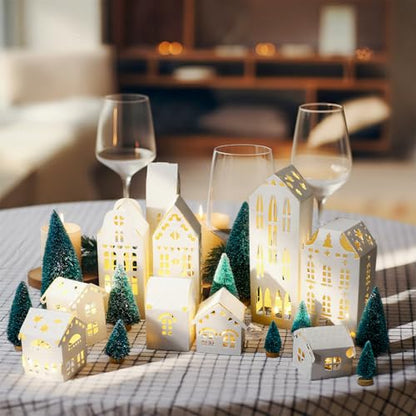 Chunful 20 Pack Christmas Village Houses Set with Light Paper Buildings