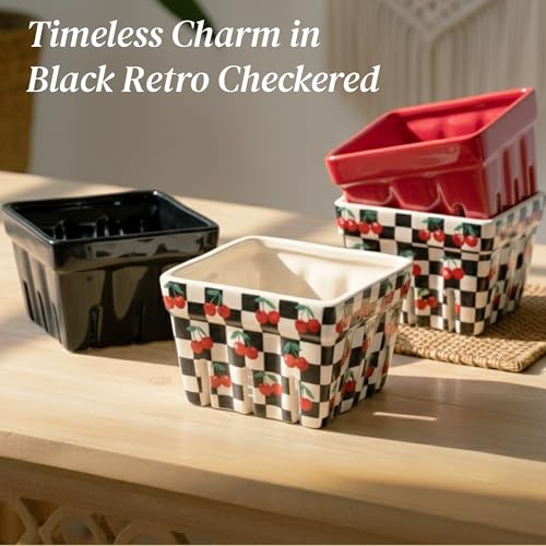 BIEN BEAU Ceramic Berry Baskets Set of 4, Checkered Berry Colander - color: Black