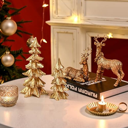 FESTGLOX Gold Christmas Tree Figurines,Small Resin Christmas Tabletop Trees - color: Gold, size: Set of 2