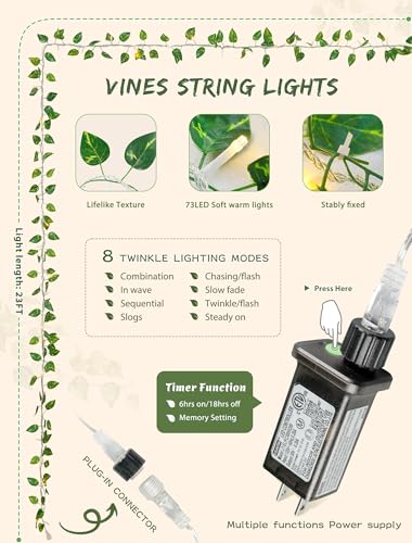 Vine with Fairy Lights,23FT Faux Pothos Garland with Remote - color: Pothos, size: 73 LED-Plug
