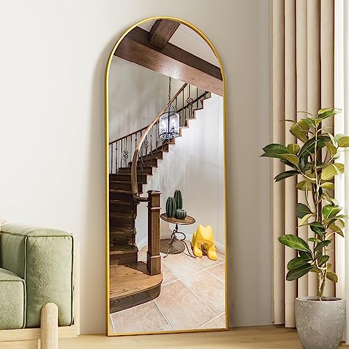 Floor Mirror, 64"x21" Gold Full Length Mirror, Arched Mirror Full Length, Freestanding Mirrors, Arch Floor Length Mirrors with Thin Aluminum Frame Hanging or Leaning, Wall Mounted Mirror for Bedroom - color: Gold, size: 64"L x 21"W